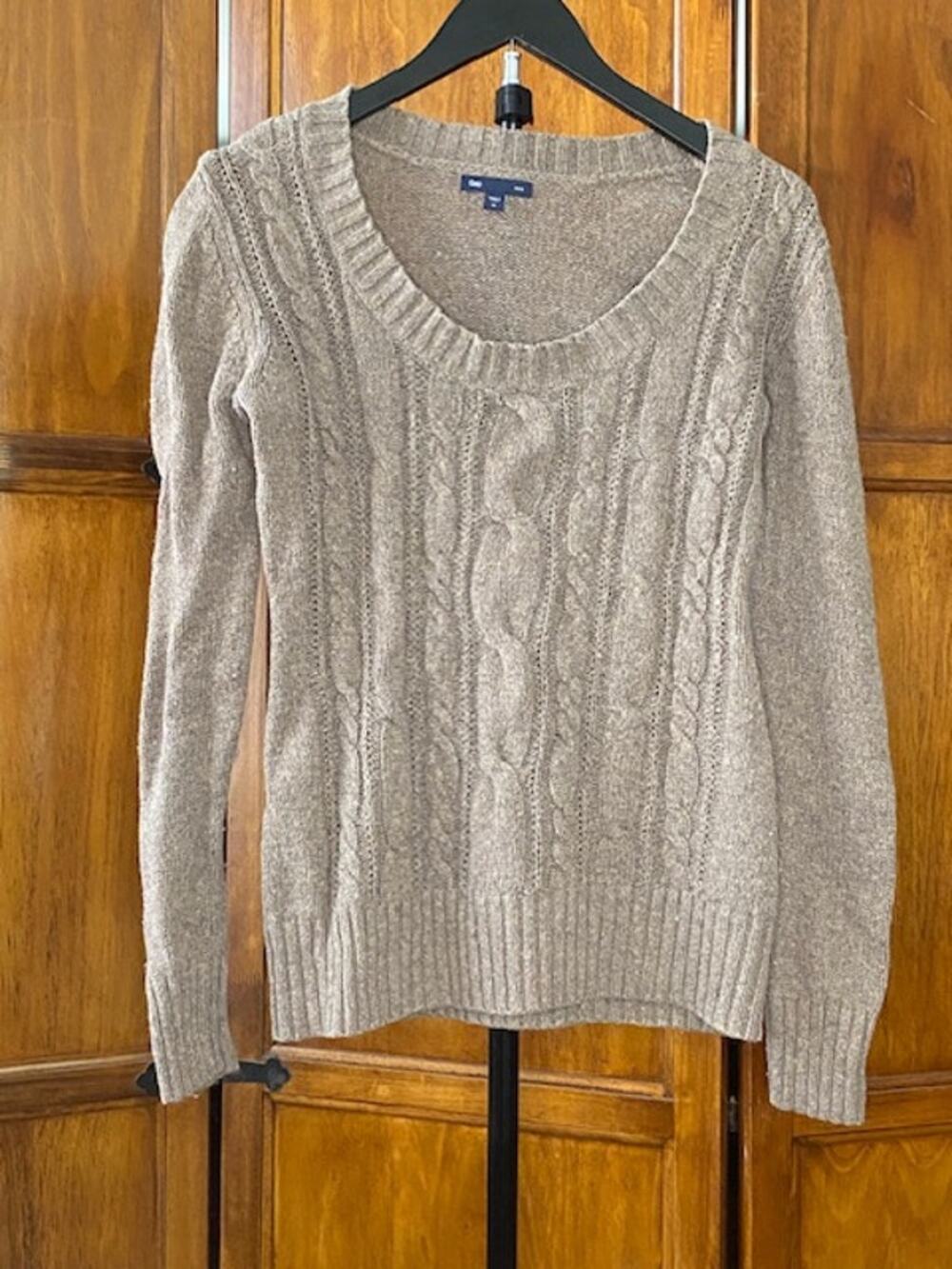 Gap Women's Medium Cable Knit Sweater Brown Wool Blend Long Sleeve Scoop Neck